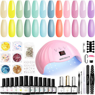 Gel Nail Polish Nail Kit  - 12 Colors Pastel Gel Nail Polish Set with 48W Nail Lamp - NZAZU