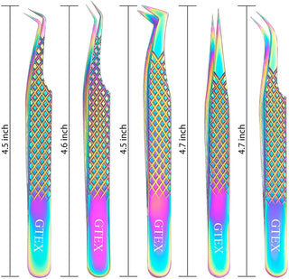 Lash Eyelash Extension Tweezers Set of 5, Japanese Stainless Steel Rainbow Colour - NZAZU