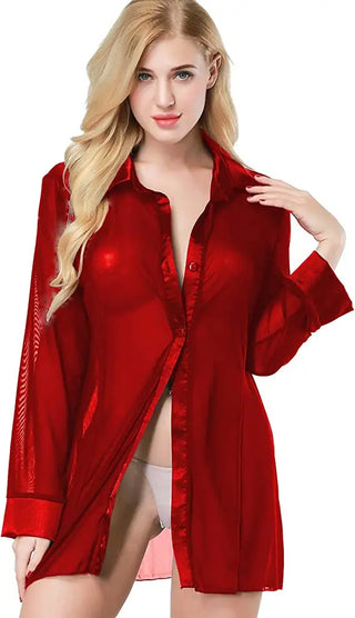 Sexy Sheer Sleep shirt Pajamas Long Sleeve Mesh Blouse Lingerie - NZAZU