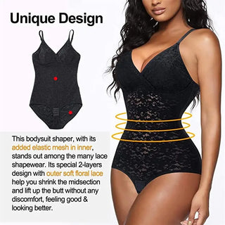 Women Bodysuit Lace Shapewear Deep V Neck Jumpsuits Tummy Control Waist Trainer Sleeveless Camisole Body Shaper - NZAZU