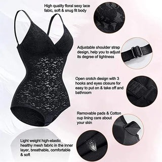 Women Bodysuit Lace Shapewear Deep V Neck Jumpsuits Tummy Control Waist Trainer Sleeveless Camisole Body Shaper - NZAZU