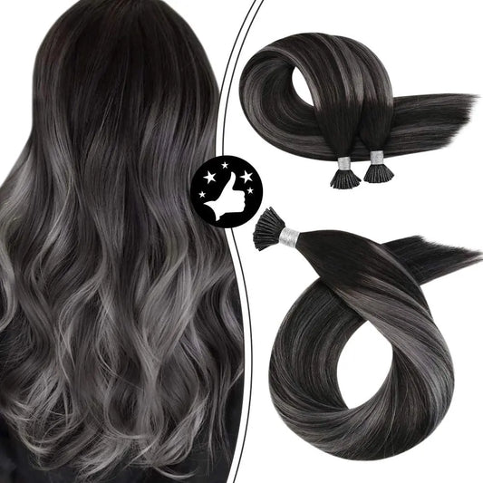 100g I Tip Hair Extensions - (Stick Tips) #1B/Grey Silver - NZAZU