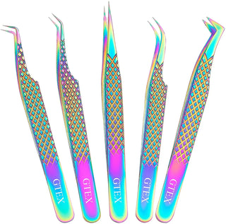 Lash Eyelash Extension Tweezers Set of 5, Japanese Stainless Steel Rainbow Colour - NZAZU